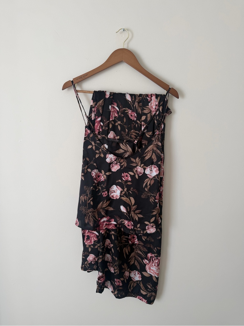 SET Midnight Bakery Satin Cami and Pajama Pant Medium Black Pink Rose Print